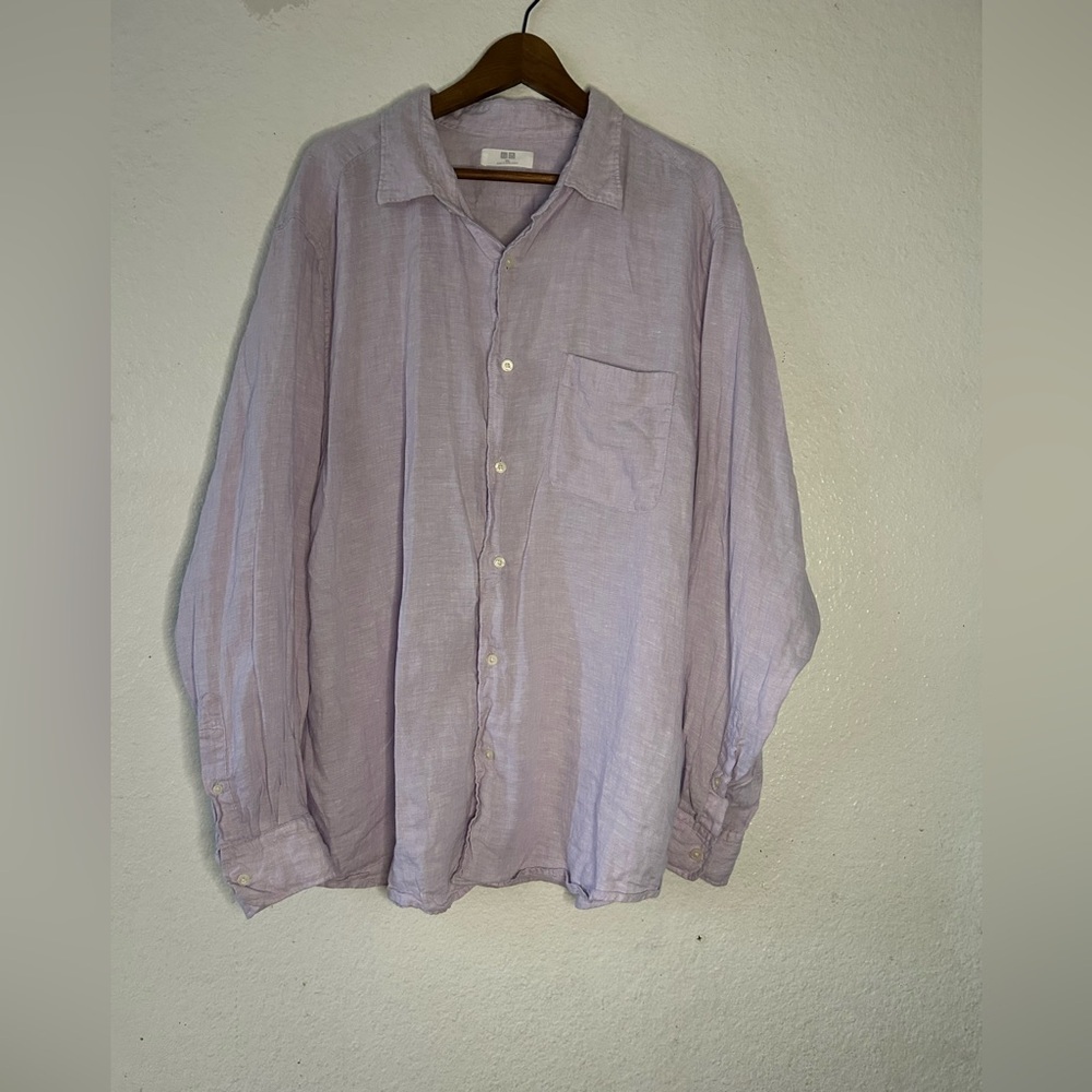 Uniqlo 100% Linen‎ Men’s 3X Light Purple Button Up Shirt Casual Beach Lagenlook